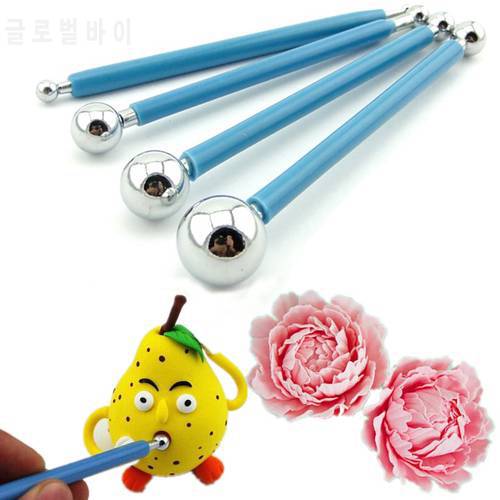 4pcs ball shaped cake modelling tools set stainless steel double end sugarcraft gum clay fondant decorating carve flower tools