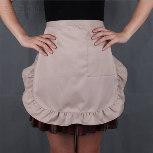 Solid Color Waterproof Half Short Waist Apron Women Cute Frilly Pockets Chef Cafe Server Waiter