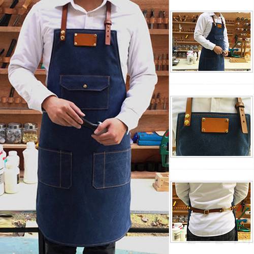 JX-LCLYL Working Denim Bib Apron Leather Strap Barista Chef Barber Pocket Studio Uniform