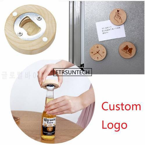 Blank DIY Wooden Round Shape Bottle Opener Coaster Fridge Magnet Decoration Beer Bottle Opener Custom logo