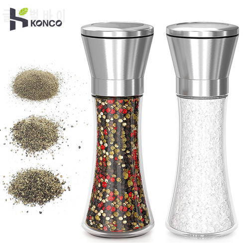 Konco New Salt and Pepper Mill Shakers,Stainless Steel Manual Sea Salt Mills,Adjustable Ceramic Pepper Grinder with Glass Body