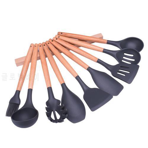 9Pcs/Set Silicone Cooking Tools Wooden Handle Kitchen Tools Silicone Spatula Soup Ladle Slotted Shovel Spoon Cooking Accessories
