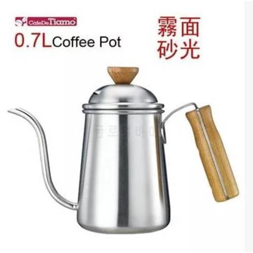 1pcs 0.7L Silver Tea and Coffee Drip Kettle pot with Wooden handle stainless steel gooseneck spout Kettle Barista Kalita syle