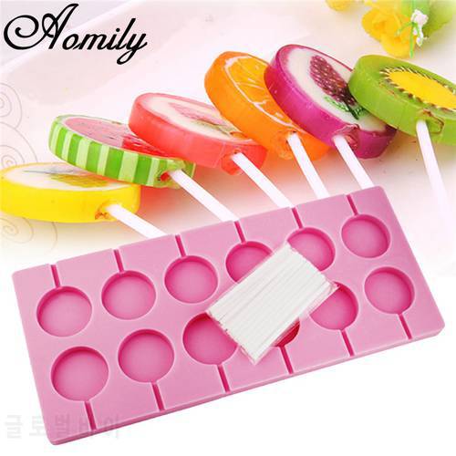 Aomily 3D Lollipop Mold 12 Holes with 12 Sticks DIY Fondant Cake Round Shaped Silicone Bakeware Kitchen Dining Bar Home Party