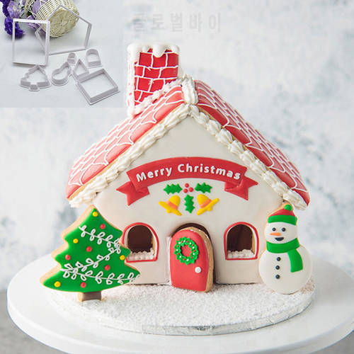 SYLPHY 8pcs/set Christmas Cookies Cutter Molds Plastic House Tree Snowman Biscuit Mold DIY Fondant Cake Decorating Baking Tools
