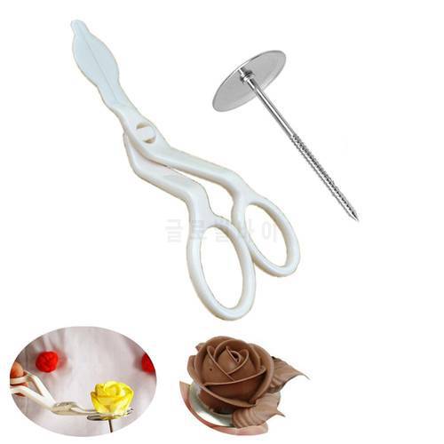 2pcs/set Stainless Steel Cake Flower Needle and Plastic Scissor Baking Cake Decorating Tools Nails Fondant Decor Flowers Lifter