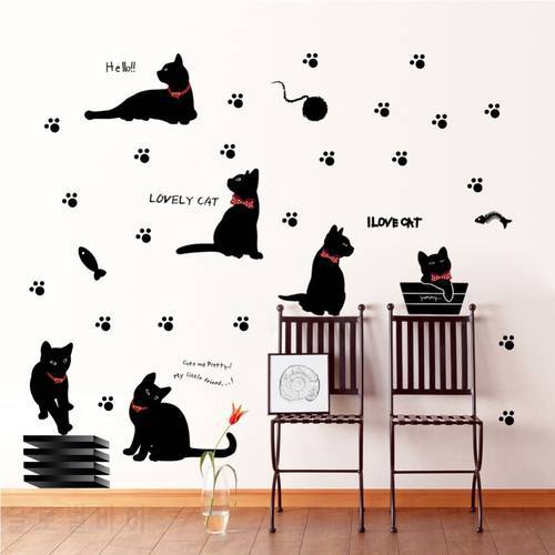 lovely playing cats animals wall stickers kids room decoration 843. home decals kitten printing mural art cartoon diy poster 4.0