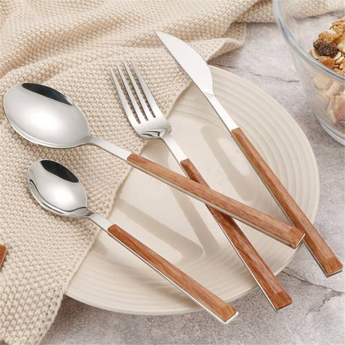 Chic 304 Stainless Steel Luxury Glossy Wood Tableware Set Silver Dinnerware Sets Western European Food Knife Fork Teaspoon 4PCS