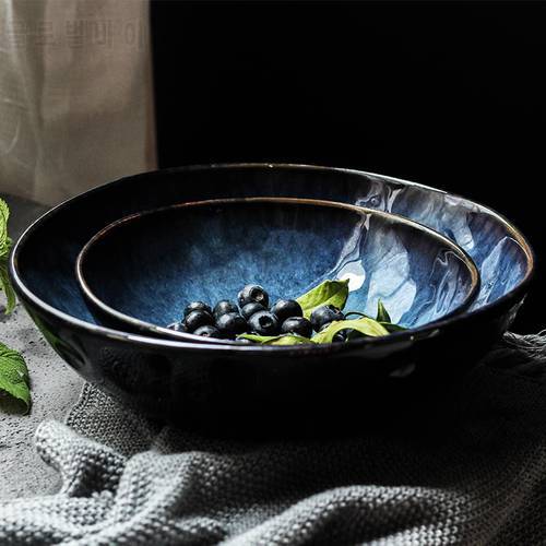 KINGLANG Blue Colored 3 Sizes Ceramic Bowls Nordic Salad Noodle Big Soup Bowl Wholesale Restaurant Tableware Supplies