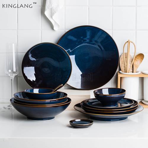 Single Dim Deep Blue Color Ceramic Tableware European Retro Glazed Dinnerware Pottery Porcelain Dish Plate Household Rice Dish