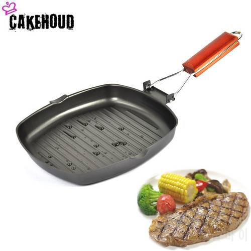 CAKEHOUD 20-28cm Non-stick Thickened Steak Frying Pan Foldable Striped Square Baking Pan Grilled Bacon Steak Household Cookware