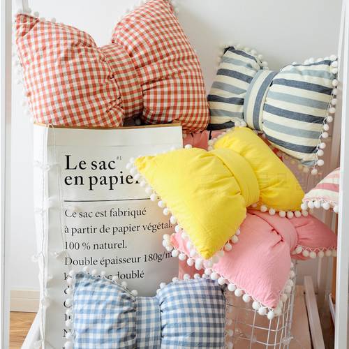 mylb Back Cushion New Fashion Nordic Bow knot Girl Pillow Sofa Bed Decor Cushions Plaid Stripes Gifts Photo prop Pillow
