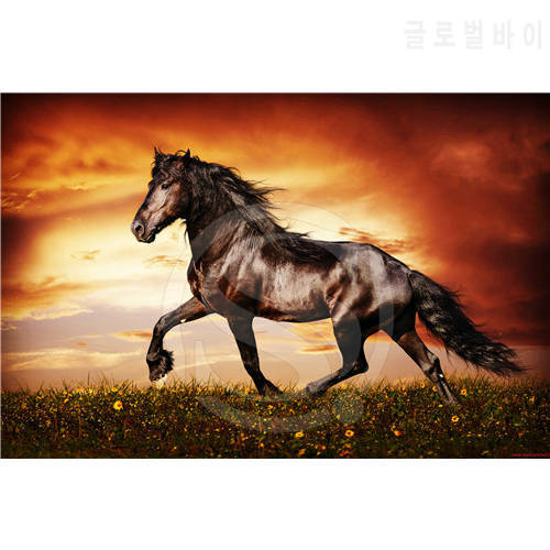 Wild Animal Running Black Horse Custom Fabric Canvas Cloth Poster Home-Office-Living-Room-Decor Classic High Defintion Printing