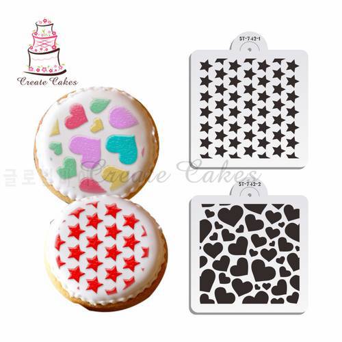 2Pcs/Set Heart and Stars Cookies Stencil Fondant Plastic Stencil Design Cake and Cupcake Template Mold Decorating Tools ST-742