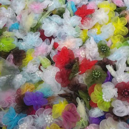 40pcs/lot 2cm Mix Colors Beaded Organza Flowers Handmade Mini Small flower head for Scrapbook Wedding Candy Gift Box Decoration