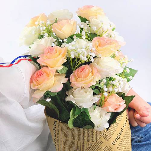 12PCS/lot Silk Real Touch Artificial Rose Flowers Wedding Bride Bouquet Babybreath Fake Flower For Wedding Home Party Decor