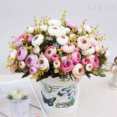 1 Bouquet Artificial Flowers Cheap Silk Plants European Fall Small Tea Bud Fake Leaf Wedding Home Party Vases for Decoration