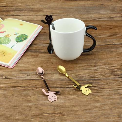 Novelty Stainless Steel Cartoon Cat Spoon Long Handle Flatware Coffee Drinking Tools Kitchen Gadget
