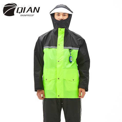 QIAN Brand Impermeable Raincoats Women/Men Jacket Pants Set 2 Pieces Rain Poncho Thicker Police Working Wear Motorcycle Rainsuit