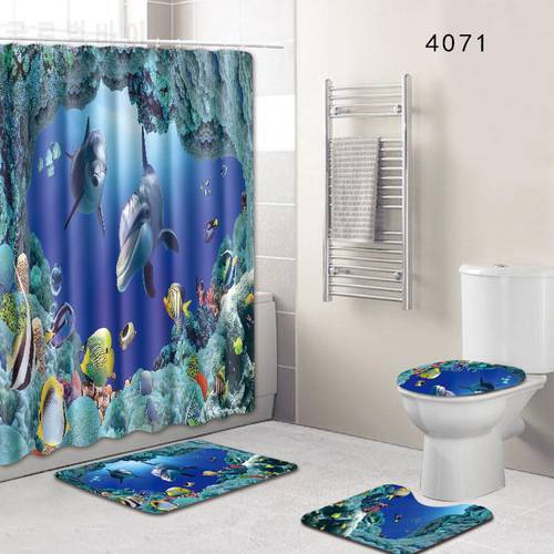 4 Pcs Sea World Views Bathroom Carpet Mat Set With 180*180 Cm Shower Bath Curtains Toilet WC Floor Rugs Lid Cover Accessories