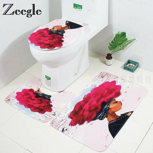 Zeegle 3pcs Bathroom Mat Set African Woman Pattern Bath Mat Non-slip Doormat Bathroom Rug Toilet Mats Flannel Toilet Seat Cover