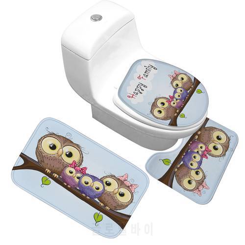 Honlaker Cartoon Owl Bathroom Mat Set Water-absorbing Non-slip Bathroom Rug Toilet Bath Mats Toilet Cover Decoration