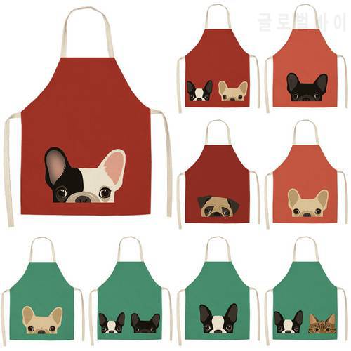 Cute Pug Bulldog Dog Cat Printed Kitchen Aprons Cotton Linen Home Cooking Baking Coffee Shop Cleaning Accessory 53*65cm MA0001
