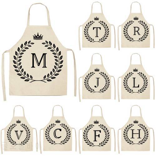 Black Golden Crown Letter Alphabet Print Kitchen Apron for Woman Man Cotton Linen Aprons For Cooking Home Cleaning Tools 53*65cm
