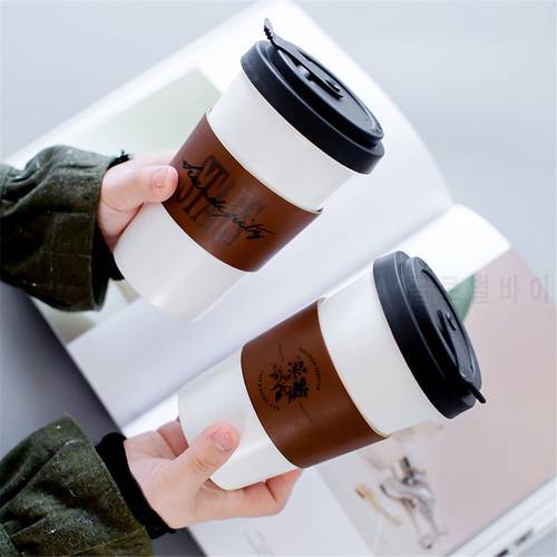 Ceramic Mug With Leather Cup Cover Letter Flower Pattern Milk Coffee Portable Cups Household Office Drinkware Creative 450ML