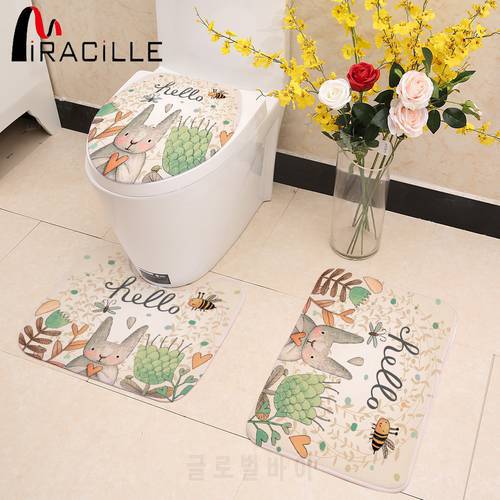 Miracille Cartoon Rabbit Animal Pattern 3PCS Toilet Seat Cover Set Absorbent Non-Slip Bathroom Rug Bath Mat Set