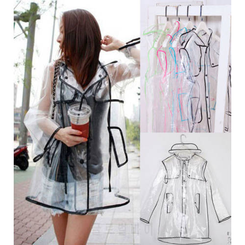 1pc Black Transparent Vinyl Raincoat Runway Style Womens Girls Clear Fashion Rain Coat