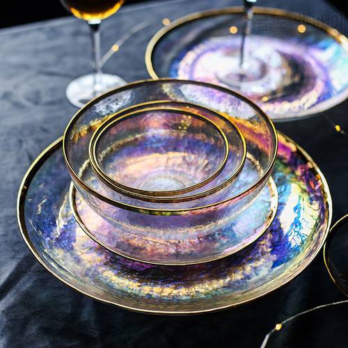 Dazzle color painted gold glass bowl dish transparent hammer grain glass plate salad bowl fruit bowl western food