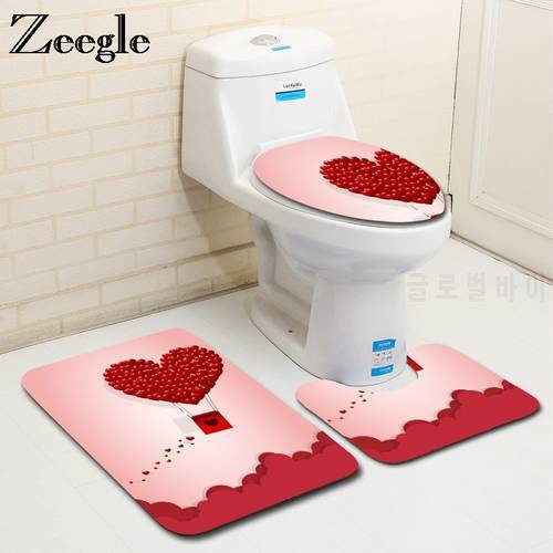 Zeegle Valentine&39s Pattern 3Pcs Bath Mat Set Toilet Rugs Anti-slip Toilet Floor Mats Bathroom Rugs Flannel Toilet Seat Cover
