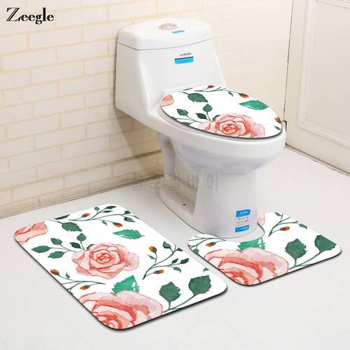 Zeegle Floral Printed 3pcs/set Bathroom Bath Mats Set Anti-slip Washroom Floor Mats Door Mats Absorbent Toilet Rugs Bathroom Mat