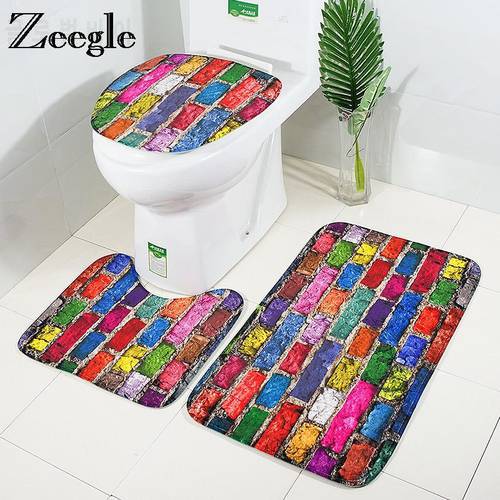 Zeegle Non-slip Bathroom Mat Stone Brick Printed Bath Mat 3pcs Bathroom Carpet Set Absorbent Mat For Toilet Bathroom Floor Mats