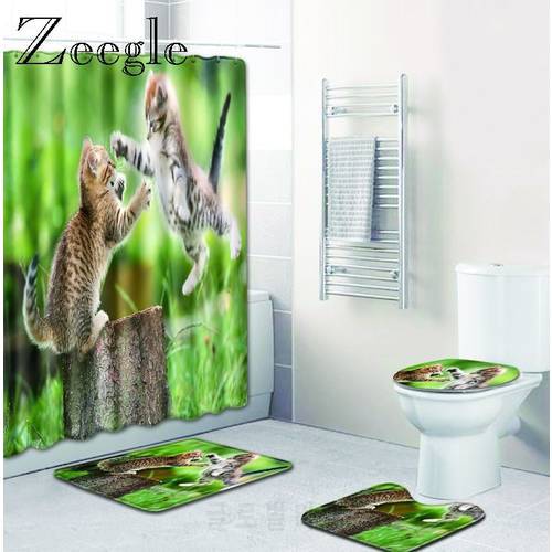 Zeegle Cat Pattern Bathroom Mat and Shower Curtain Set Non Slip Shower Floor Mat Water Absorbent Bath Rug Shower Carpet