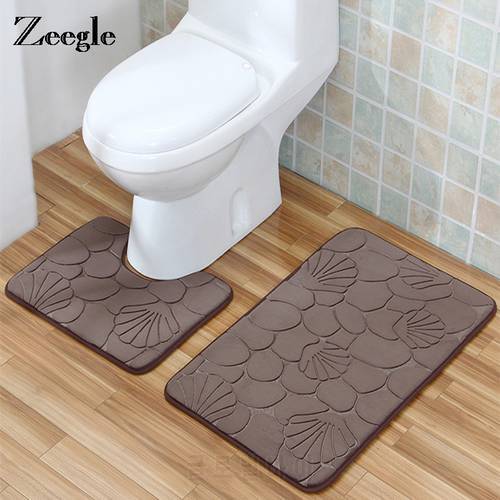 Zeegle Shell Pattern Solid Bathroom Mats Set 2PCS Toilet Carpets Anti-slip Shower Room Rugs Toilet Lid Cover Bathroom Carpets