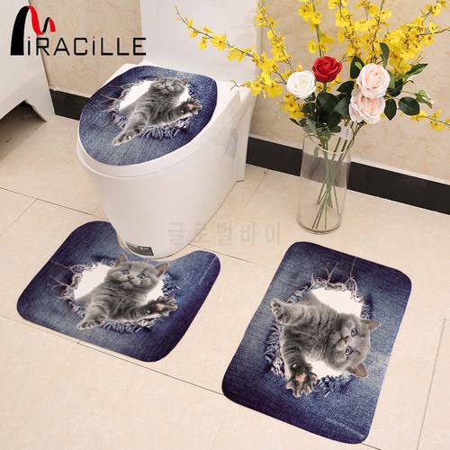 Miracille Jeans Design Home Decor Cute 3D Animal Cat Dog Printed 3PCS Set Bathroom Non-slip Floor Carpets WC Toilet Seat Mats