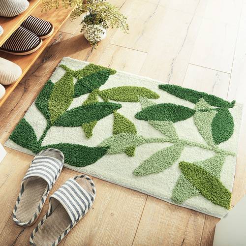 Honlaker Green Leaves Flocking Bath Mat Non-slip Absorbent Microfiber Bathroom Rug Home Entrance Door Mat Super Soft Bath Carpet