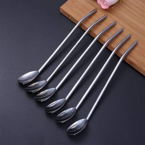 6 Pcs/Pack Stainless Steel Oval Shape Metal Drinking Spoon Straw Reusable Straws Cocktail Spoons Filter Set Kitchen Tableware