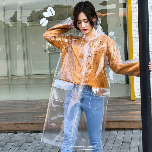 Yuding Transparent Raincoat Hooded Women Waterproof Outdoors Plastic Rainwear Clear Rain Coat for Ladies\Girls With Real Pockets