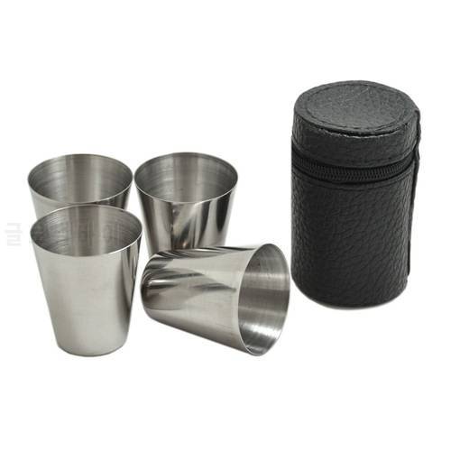 4Pcs/Set Mini Stainless Steel Polished Wine Drinking Shot Glasses Cup With Leather Cover Case Bag Barware For Home Kitchen S3