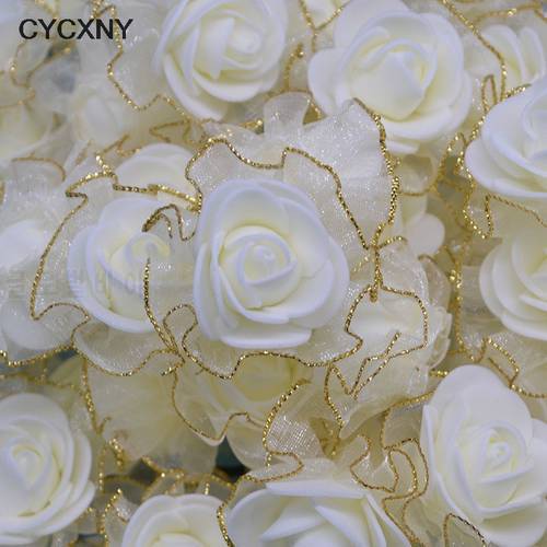 50pcs 4cm Gold Lace White Roses Artificial Rose Flowers DIY Scrapbooking Craft Gift Accessories Wreath Home Wedding Decor