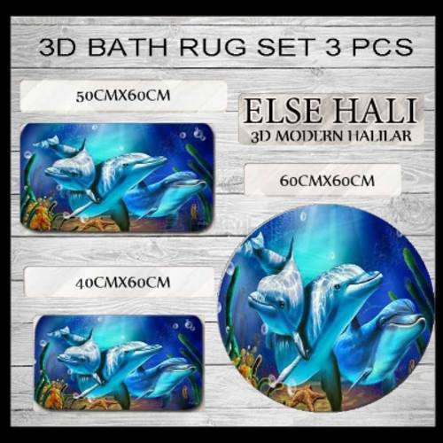 Else Blue Sea Swimming Dolphins Fishes 3d Print Non Slip Microfiber 3 Piece Bath Mat set for Bathroom 60x60cm 50x60cm 40x60cm
