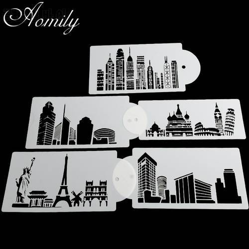 Aomily 5pcs/Set Buildings Cake Stencils Cookies Mousse MoldCoffee Cappuccino Template Baking Sugarcraft Cake Decorating Tools