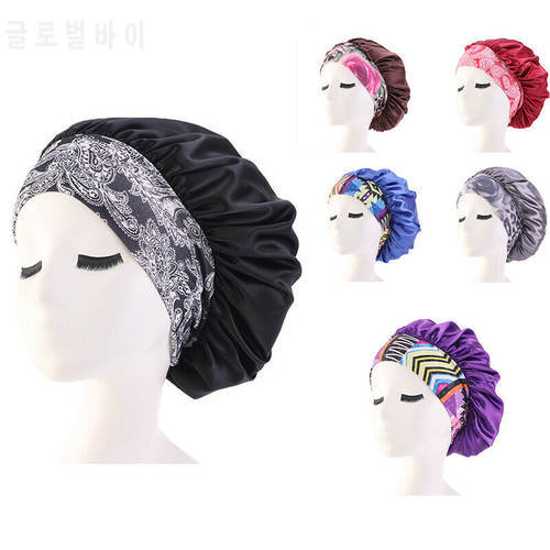 2020 New Women Floral Shower Caps Satin Bonnet Cap Night Sleep Hair Protect Head Cover Wide Band Adjust Hats Bathroom Products