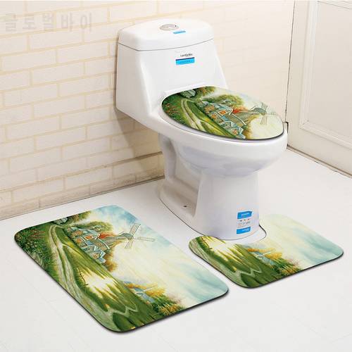 Zeegle Microfiber 3Pcs Bath Mat Set Painting Rhyme Bathroom Carpets 3 Pieces Anti-slip Bathroom Floor Mats Doormats Toilet Rugs