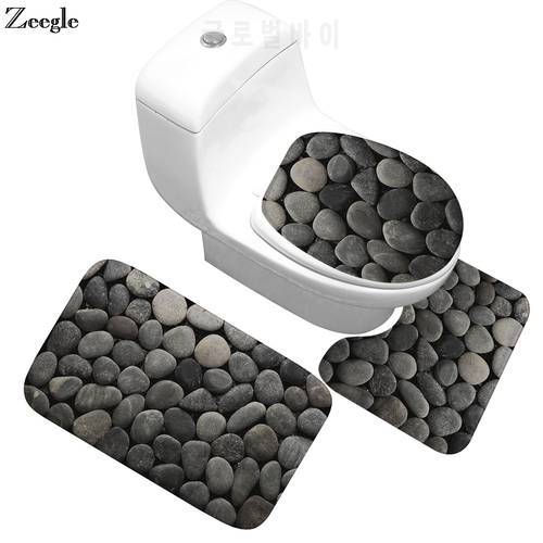 Zeegle 3Pcs Bathroom Mat Set Flannel Anti-Slip Bath Mat Bathroom Carpet Stone Pattern Toliet Rug Bathroom Floor Mats Bath Rugs