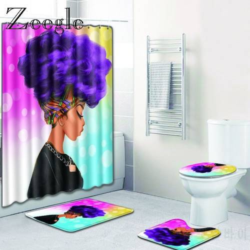 Zeegle 4pcs Bath Mat Set Anti Slip Carpet Waterproof Shower Curtain 3D African Woman Pattern Polyester Bathroom Curtains