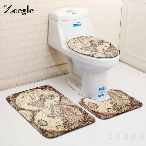 Zeegle 3pcs/set World Map Printed Bathroom Carpet Set Non-Slip Toilet Rug Lid Toilet Cover Bathroom Bath Mats Pad Home Decor